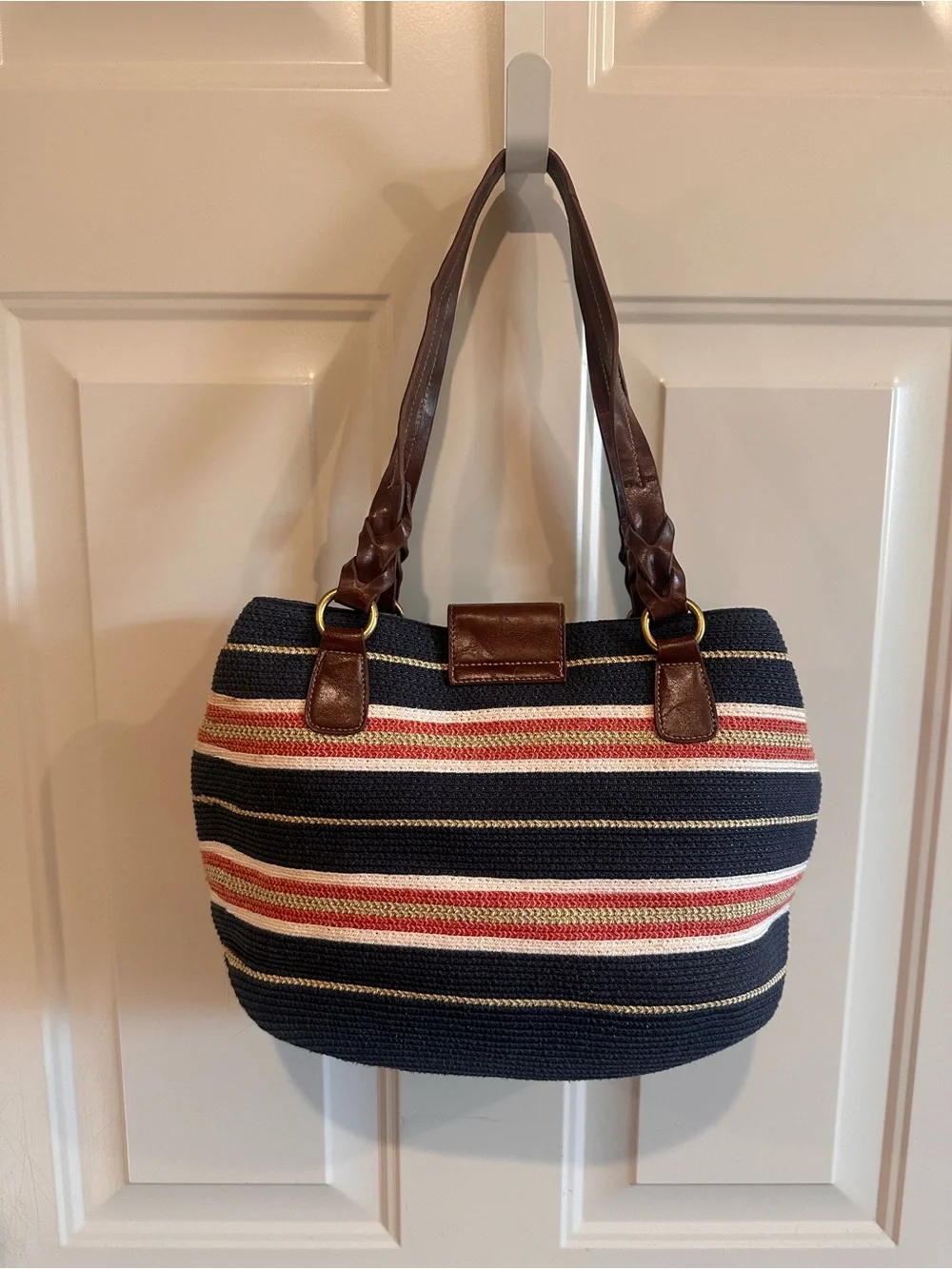 Croft & Barrow Striped Navy and Red Tote Bag with Brown Trim Turn Lock Closure